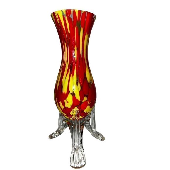VTG Franz Welz Red and Yellow Spatter Vase on Clear glass Strutted Tripod Legs - Picture 3 of 6